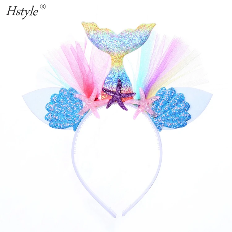 Glitter Mermaid Headband for Birthday Girl Mermaid Tail Tulle Head Band Under the Sea Party Headwear Baby Shower Supplies FG058