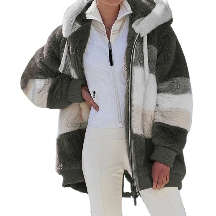 Large size Jacket  2022 winter new loose Plush split cardigan hooded women coat Warm plus size