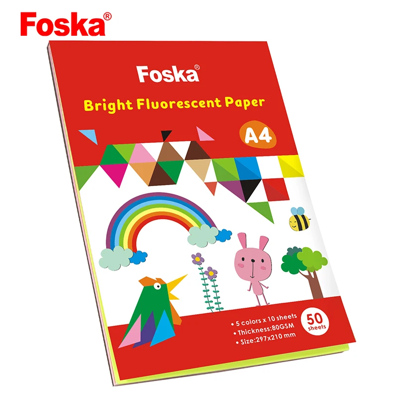 Foska Hot Sale New Item 80GSM Bright Fluorescent A4 Paper for Kids Colorful DIY Craft Handmade Paper