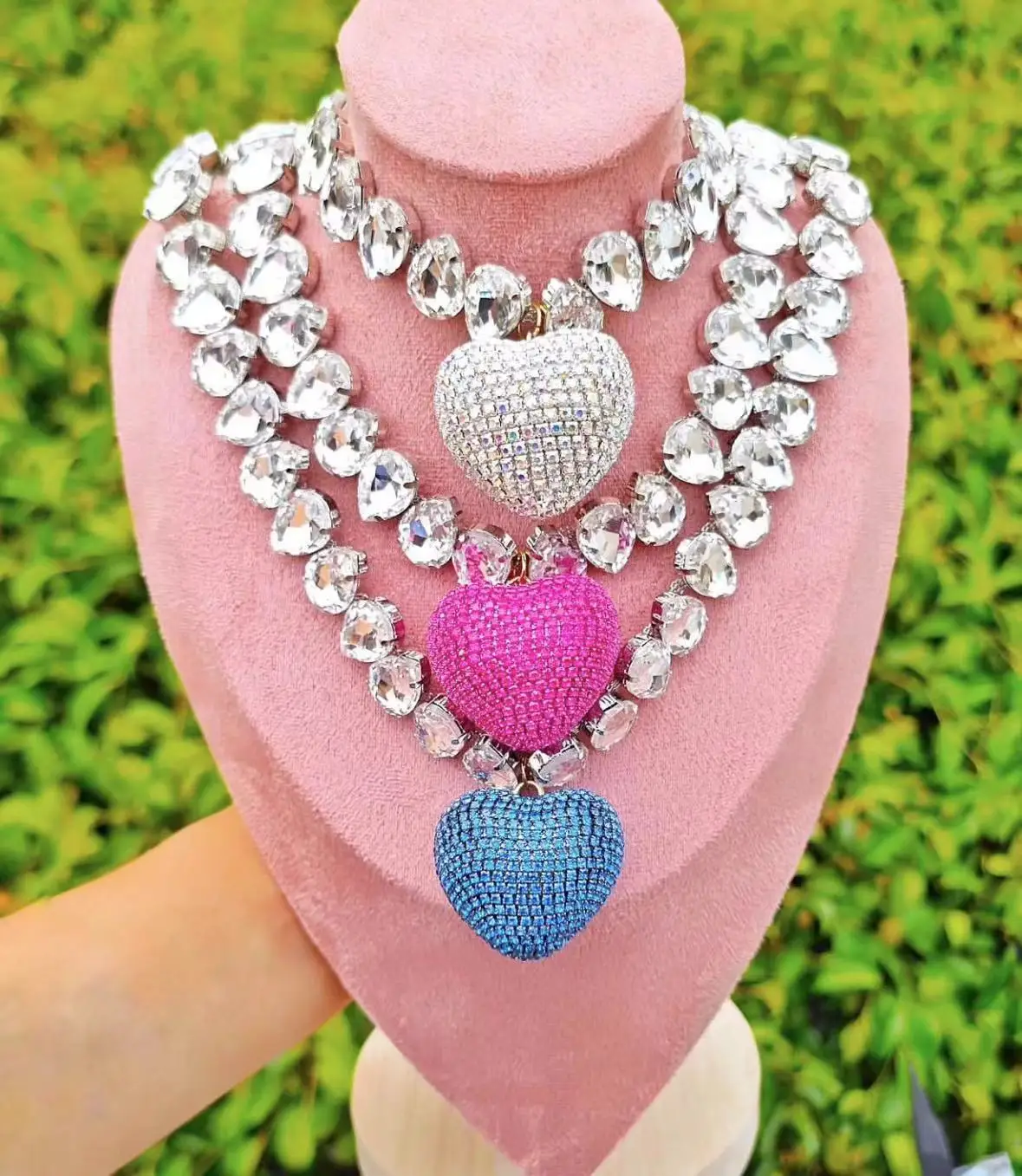 New Fashion Crystal Colorful Big Heart Necklace Luxury Silver Cubic Zirconia Heart Charm Women Party Gift Jewelry Wholesale