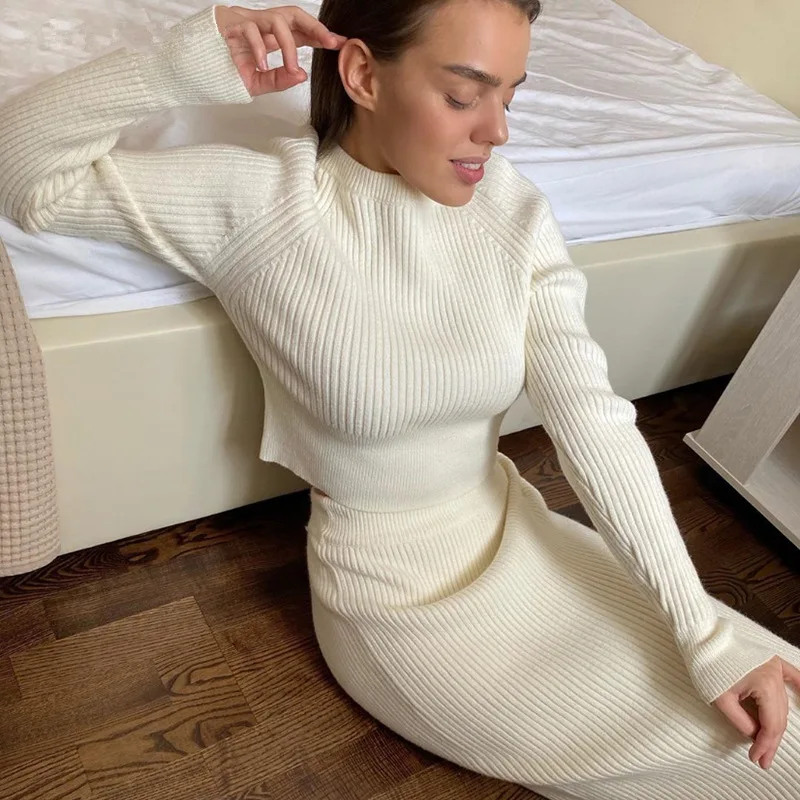 Soiling High quality women o-neck slim fit long sleeve Solid Color Knitted tops Pencil Skirt 2 piece set