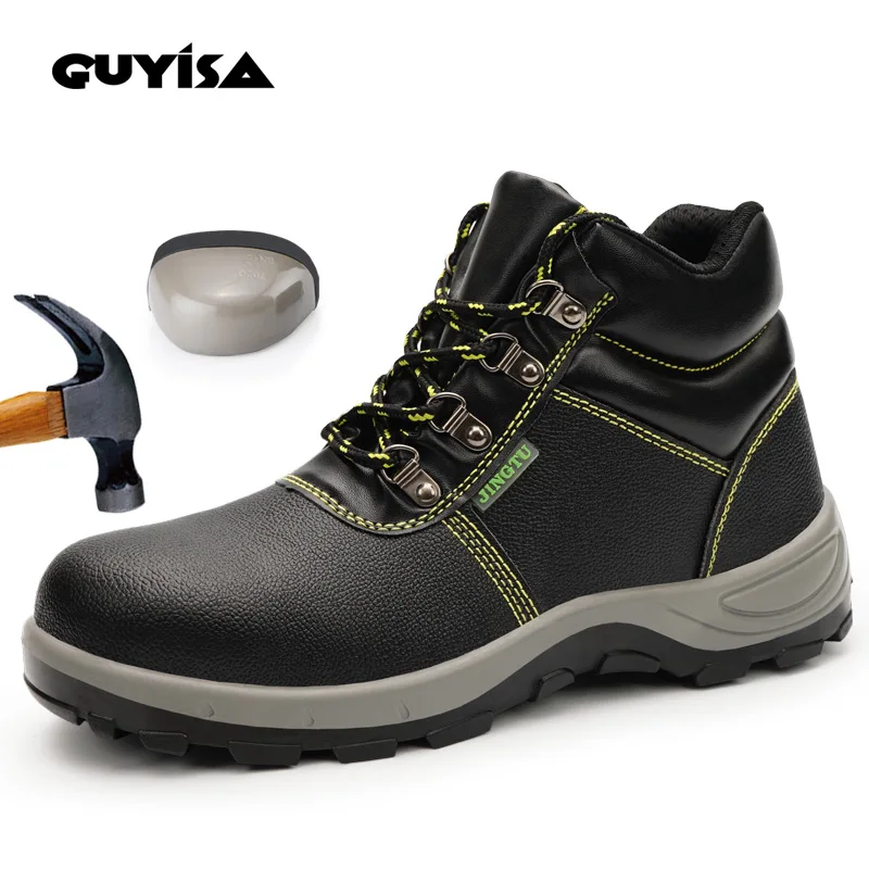 GUYISA Autumn Winter Black Leather Rubber Midsole Outsole Steel Toe Anti-puncture Waterproof Newtons Working Shoes  work boots