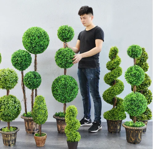 Small Green Potted Faux Plastic Plants Artificial Boxwood Hedge Topiary Ball Bonsai Tree