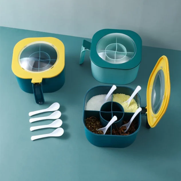 Home Kitchen Plastic Storage Container Four Grid Salt Sugar Spice Multifunctional Household Seasoning Box With Lid