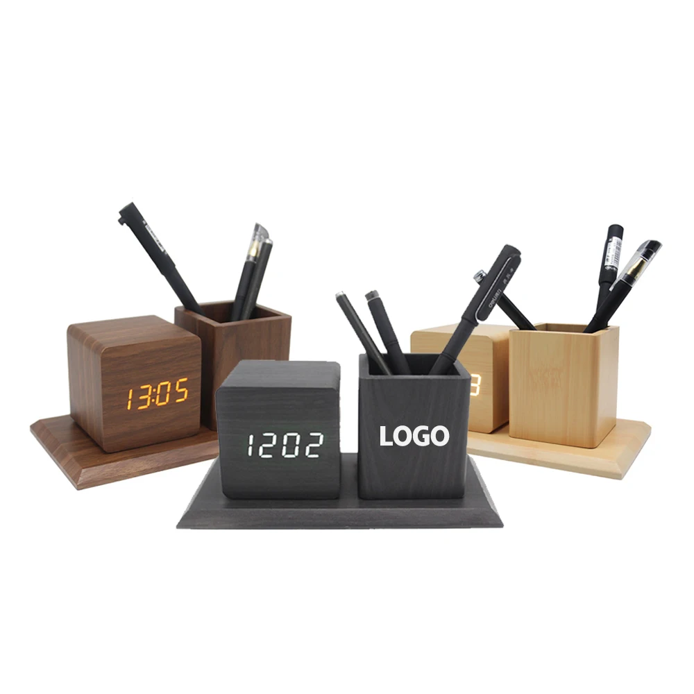 Custom LED Smart Alarm Clock Home Office Desktop Pen Holder Wood Clock Electronic Clock with Logo