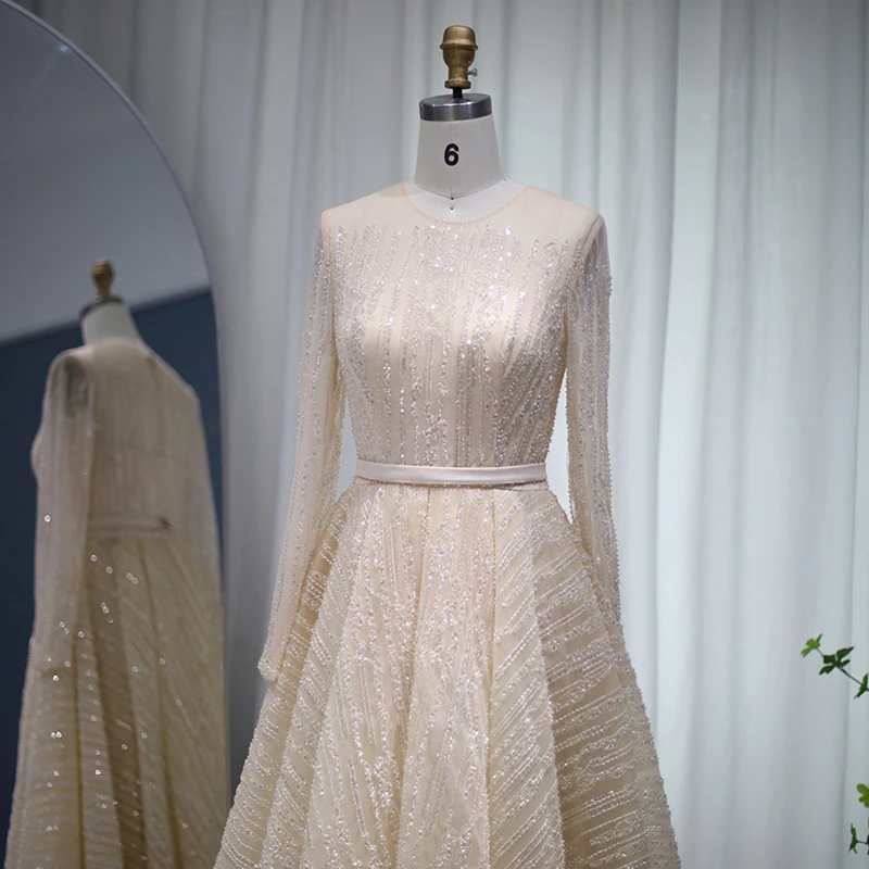 Jancember LSCZ135 Elegant 2023 O-neck Sequin Sashes  Pleat Evening Dress Long Sleeves