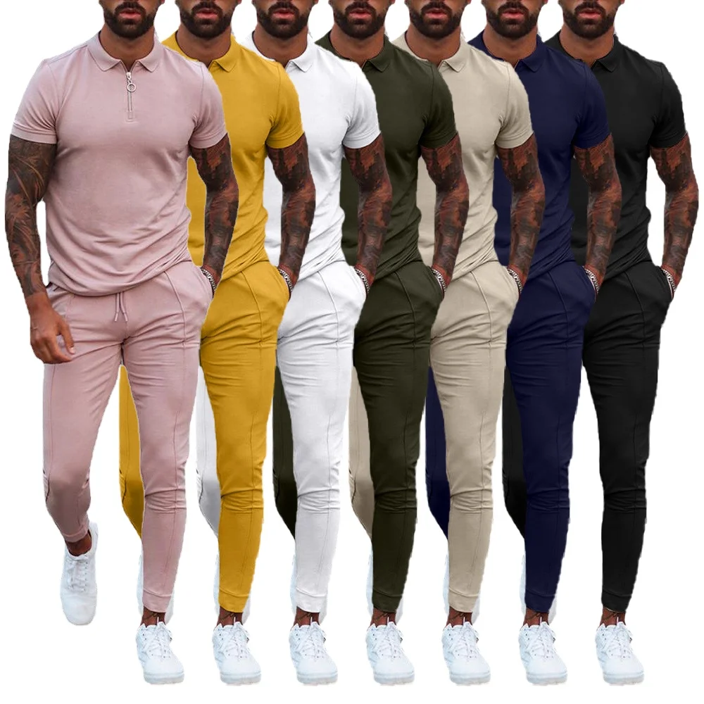 QC224 - Custom summer short sleeve streetwear slim fit t-shirts two piece pants set men