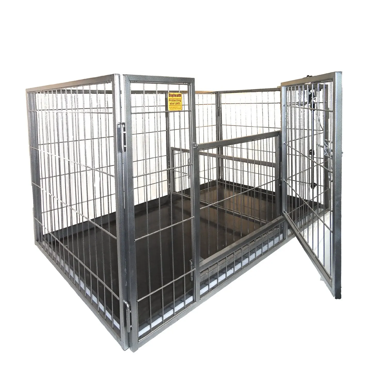 Large galvanized and welded dog kennel building with fight guard divider