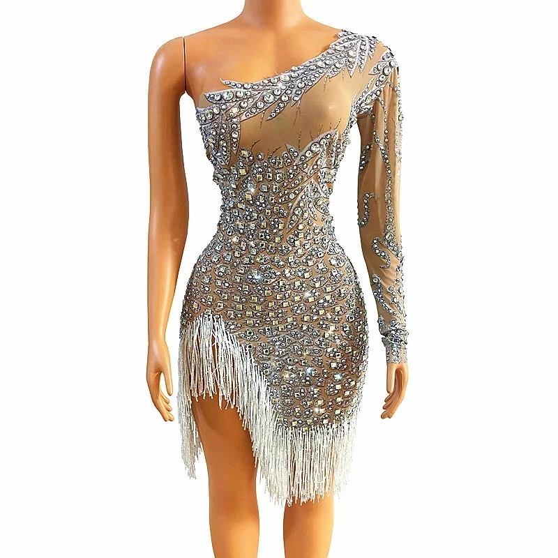 Rhinestone Fringes Transparent Dress Sexy Tassel leaves Latin Dance Dress Stage Performance Fashion Show Costume