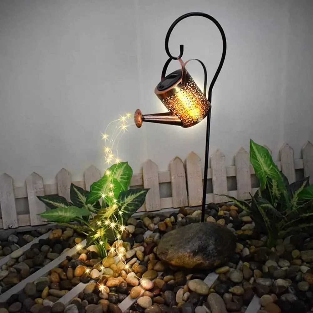 Solar Watering Can with Lights, Solar Lights Outdoor Decorative, Solar Waterfall Lights Waterproof, Metal Yard Art Decorations