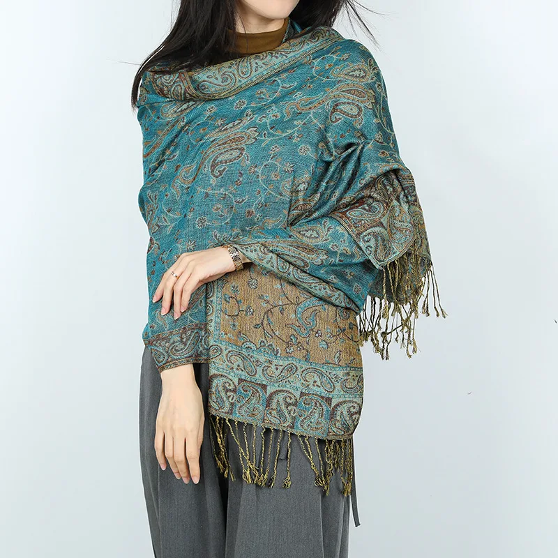 Wholesale Custom Logo Large Cashmere Jacquard Paisley Ethnic Scarf High Quality Acrylic Viscose Hijab Pashmina Shawl for Women