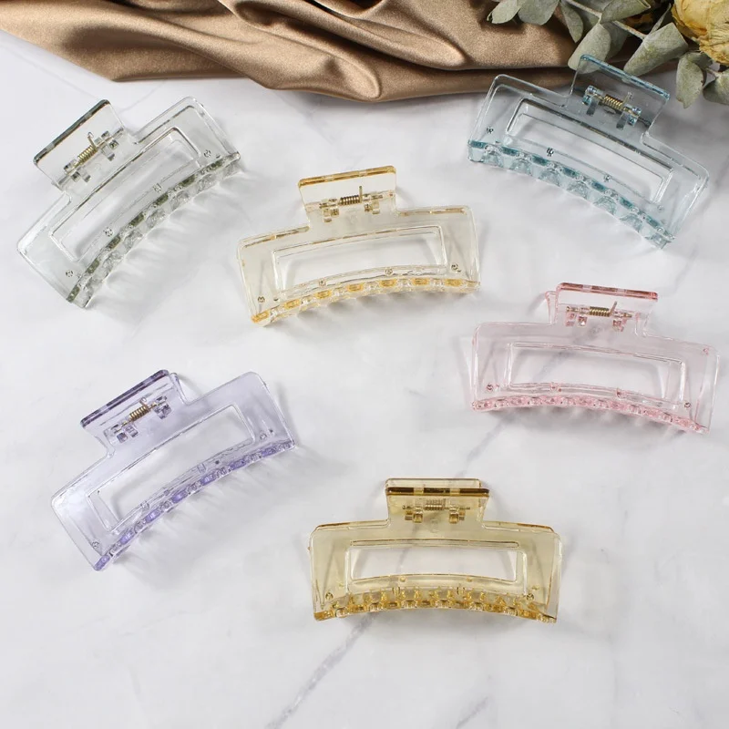 Amazon Custom acrylic girl hair clamp colorful resin Claw Clip Transparent Rectangle Hollow Hair Claw Clip