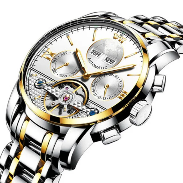 GMS New Design Custom Logo luxury automatic stainless steel men watch quality tourbillon two-toned luminous chronograph