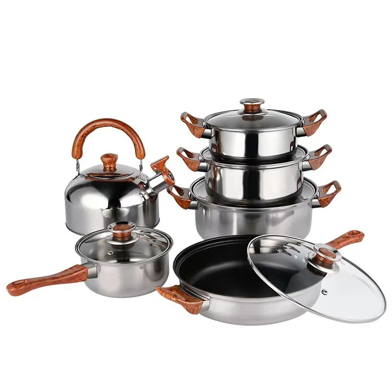 Hot Selling 12PCS Stainless Steel Pot Set with Wood Grain Handle