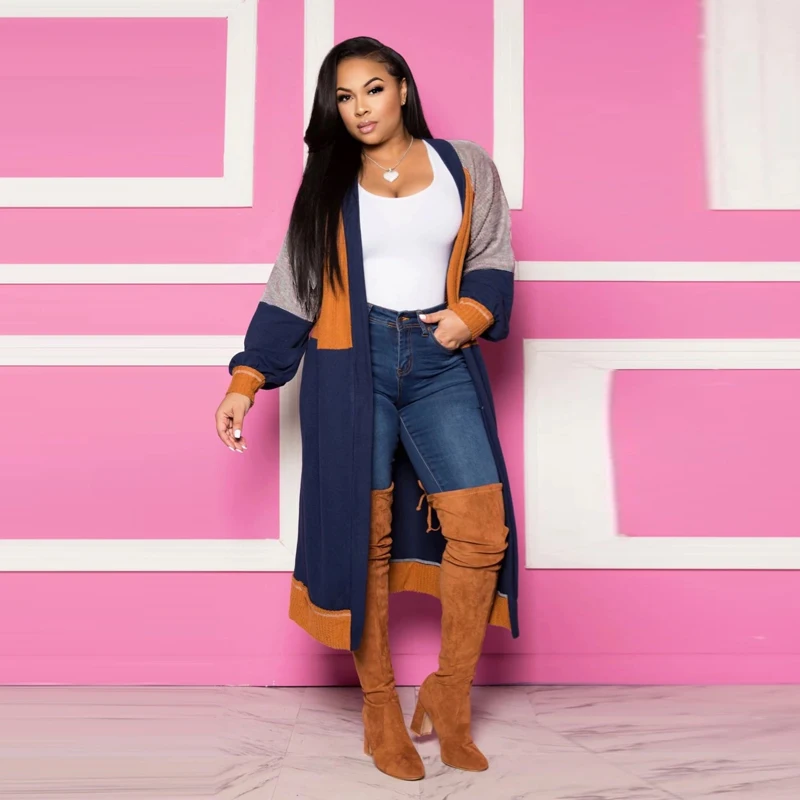 Длинный кардиган, свитер, женская одежда на осень и зиму, повседневный Модный женский вязаный длинный кардиган с длинным рукавом и пэчворком, пальто