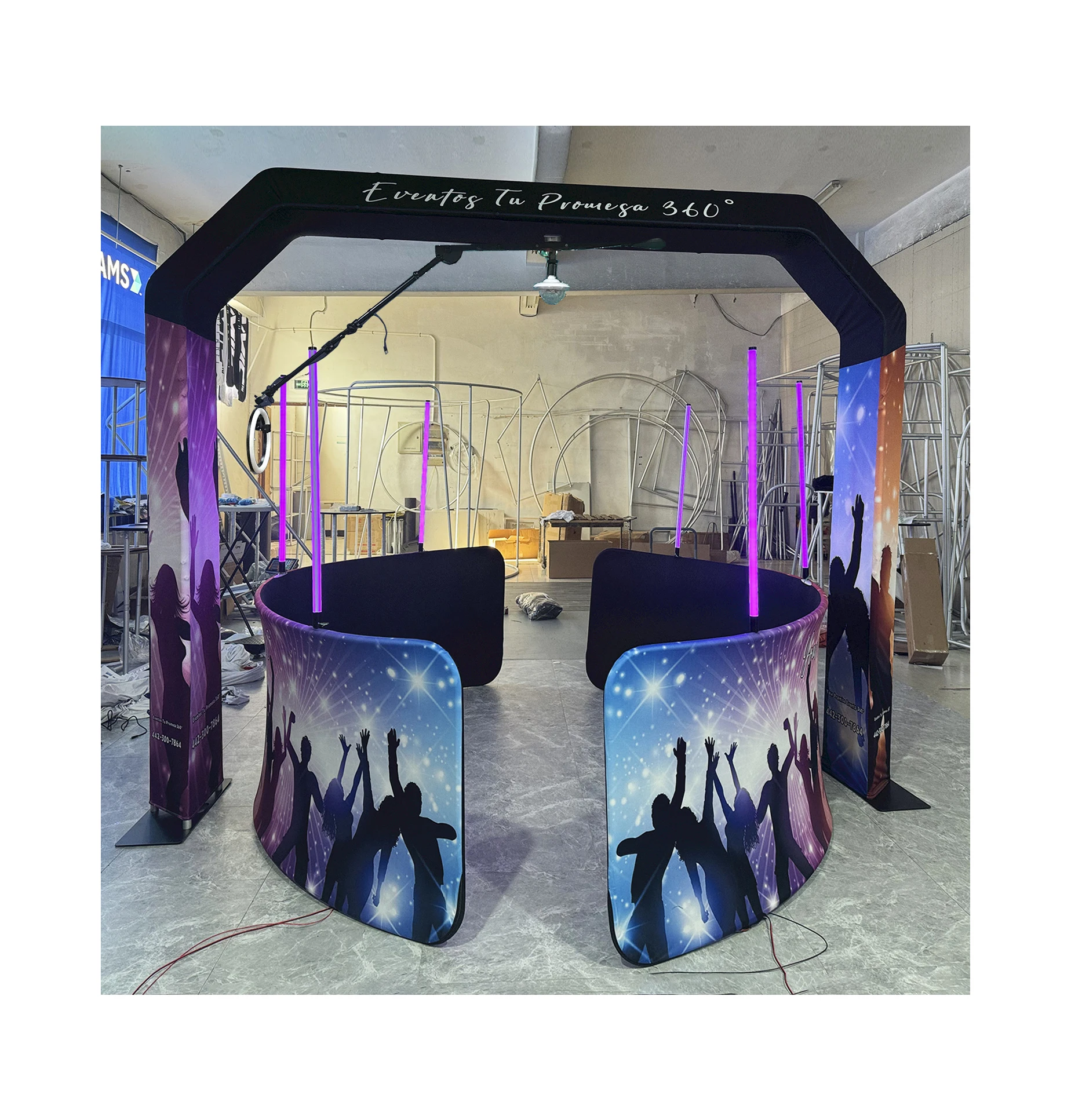 Automatic Rotating 3D Top 360 Photo Booth with Free Accessories Curve Overhead 360 Photo Booth With Enclosure Backdrop