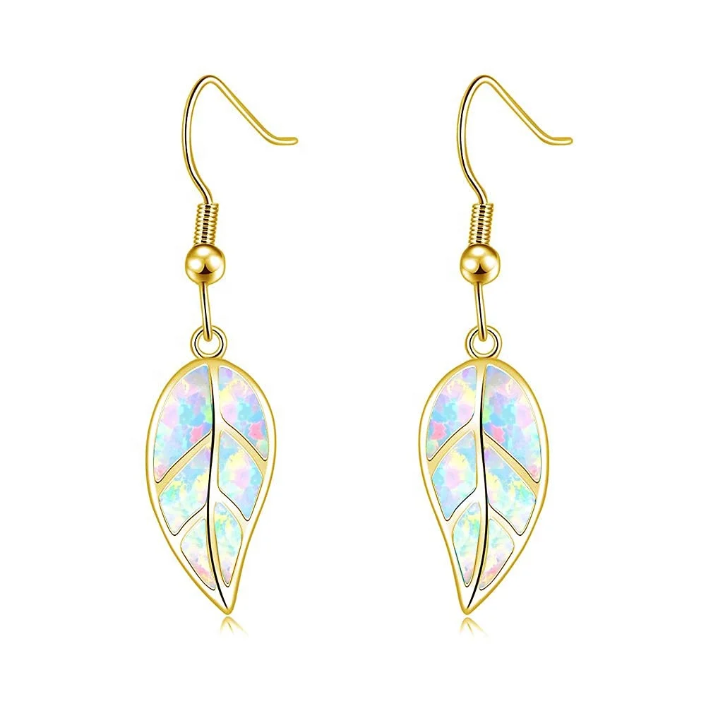 Manufacturer Wholesale Fashion Blue / Green Fire Opal Leaf Drop Earring Jewelry For Lady