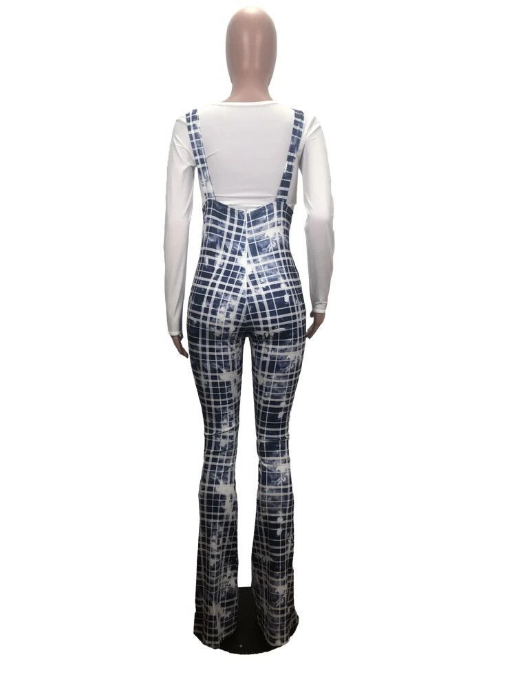 X6015-fall clothing for women plus size plaid suspender flare pants one piece jumpsuit