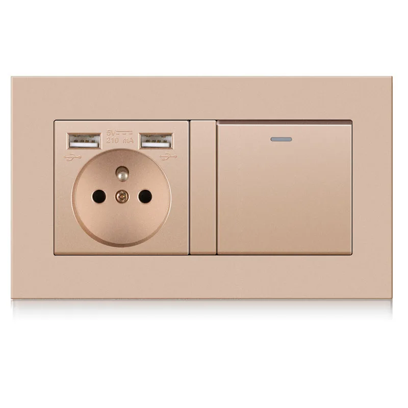 Factory customized PC panel French EU wall socket dual USB charging port one press switch