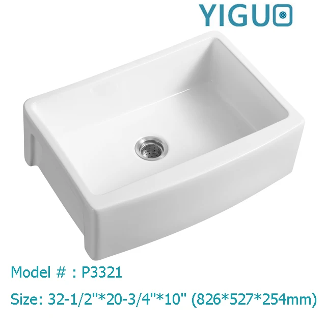 Cheap rectangle single bowl ceramic curved apron front kitchen sink porcelain farm sink P3321