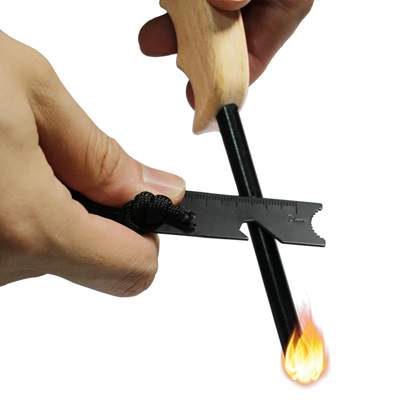 Bushcraft Gear Survival Firecord Finger Grip Wood Handle Ferrocerium Fire Starter Rod for Campfire
