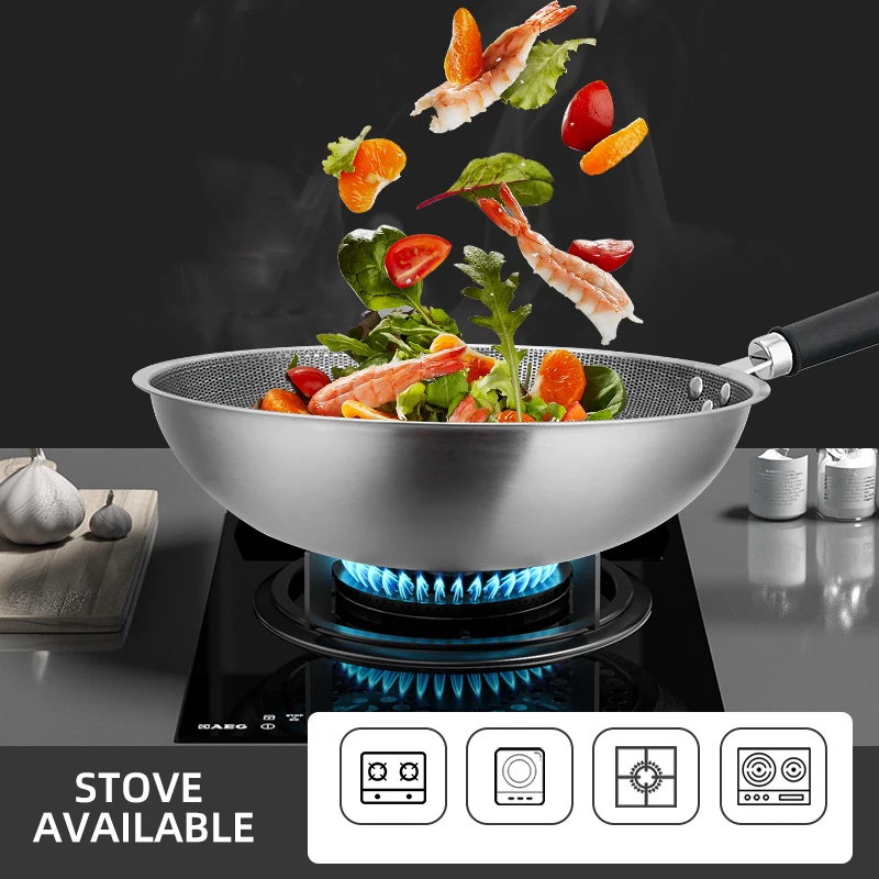 Stainless steel non stick frying pan with wooden handle, 32 kitchen cooker chinese wok pan honeycomb fry pan
