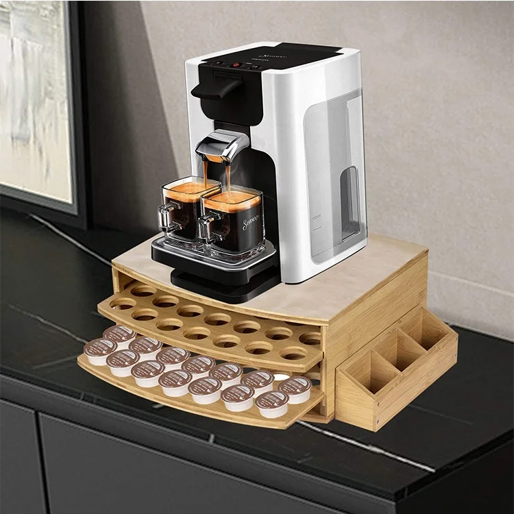 70 Capacity 2-Tier Drawer K-Cups Pods Coffee Organizer Coffee Station Bamboo Coffee Pods Capsules Holder Storage Box