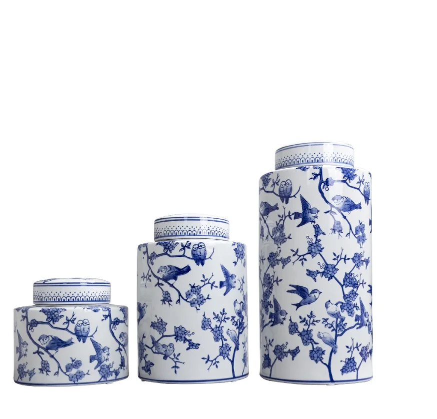 Cheapest blue and white round wholesale ceramic ginger jar for cookie,coffee and tea sugar