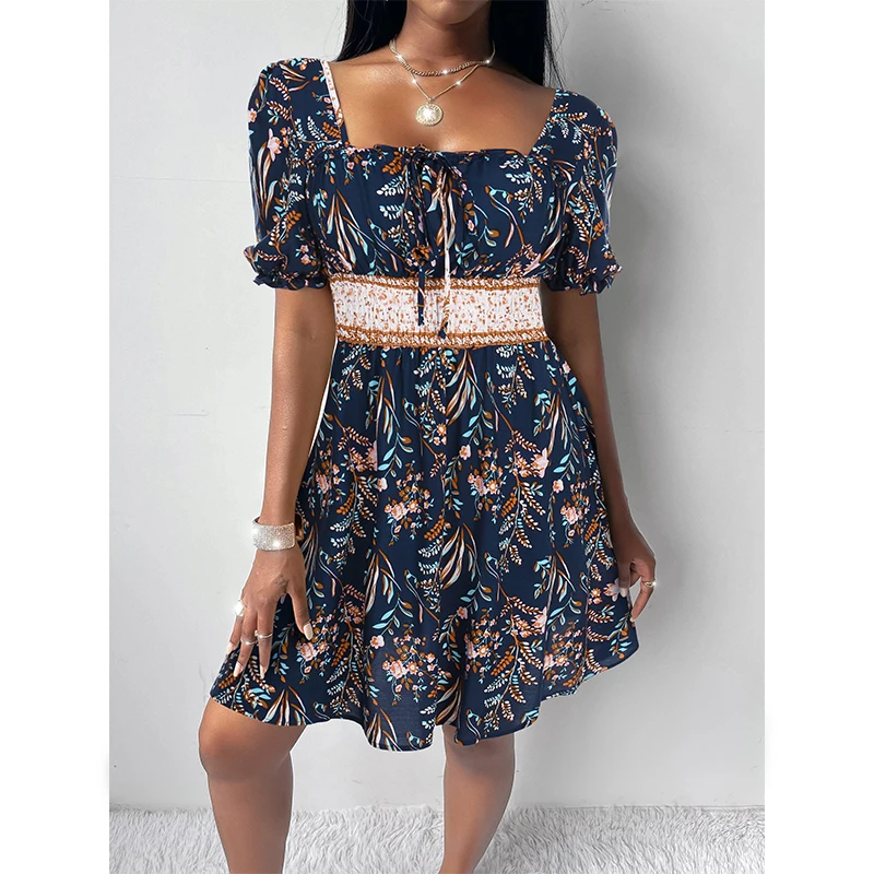 Wholesale Ladies Fashion Dresses Puff Sleeve Square Neck Tied Front Short Pleated A-line Smocked Girls Dress