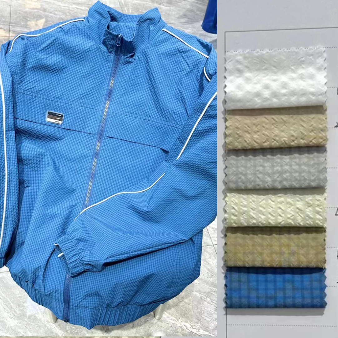 In stock materials Crinkle fabric Plain Dyed polyester woven jacquard ripstop short fabric, out door wear cloth