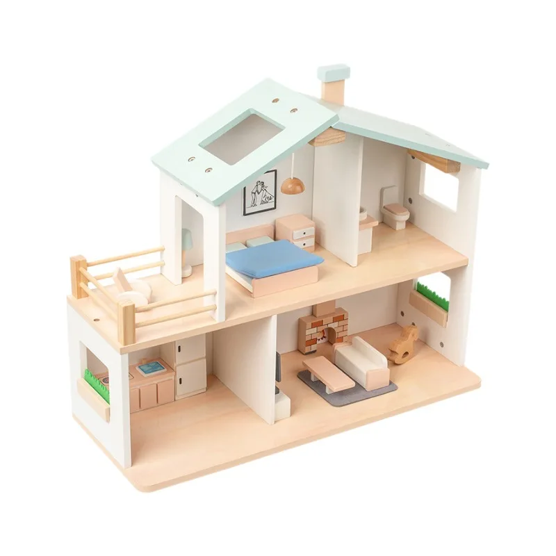 Kids Two Layer Doll House Toy Educational Role Pretend Play Simulation Nordic Style Wooden Dollhouse Furniture Girls Villa Toys