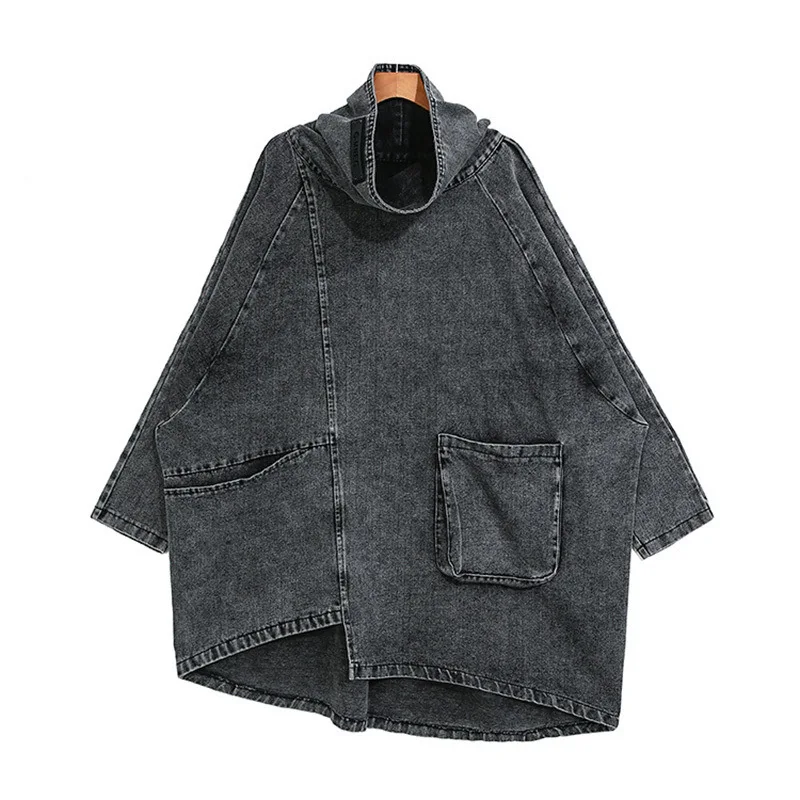 ANSZKTN New High Neck Pullover Sweatshirt Oversized Jean Dresses Irregular Denim Jackets For Ladies