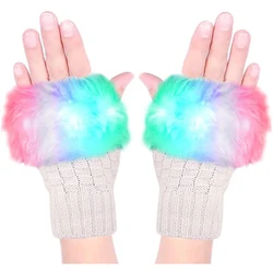 Glow Blink Fur Fingerless Knit Gloves - Funny Light Up Mitten for Party Christmas Halloween Costume