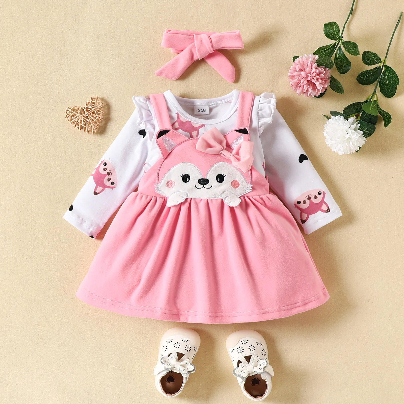 Cartoon Animals Long Sleeve Baby Dress 3PCS Overall Baby Romper and Dress Set