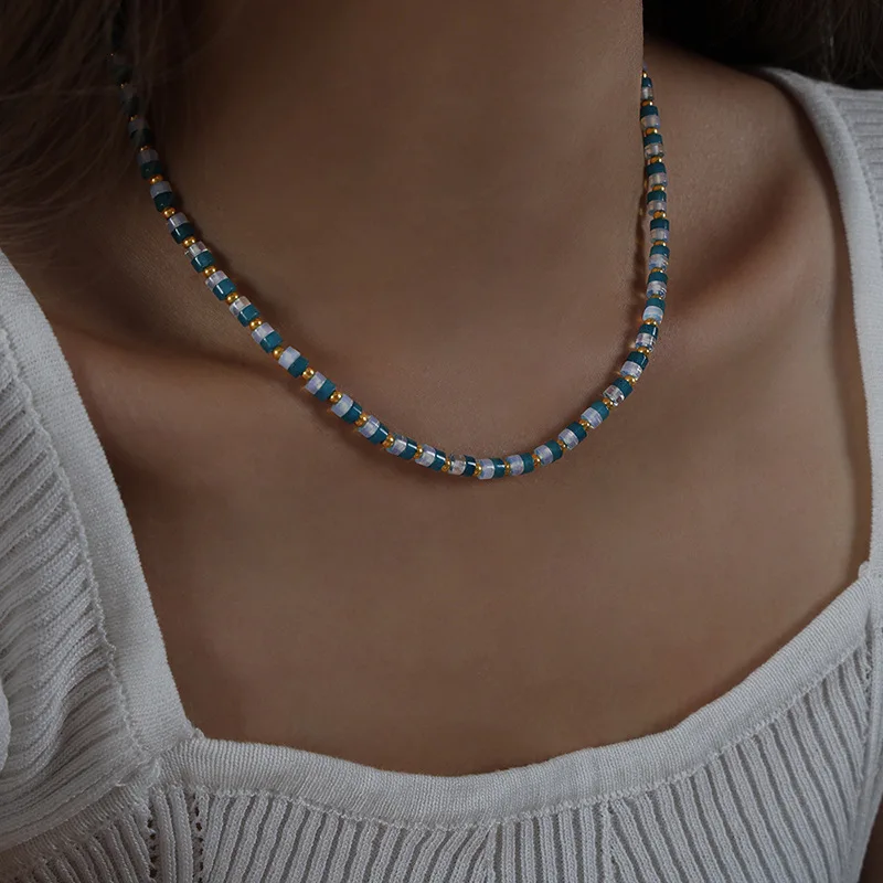 Bohemian Style Niche Personality Natural Marble Deep-sea Sapphire Beads Handmade Titanium Steel Necklace