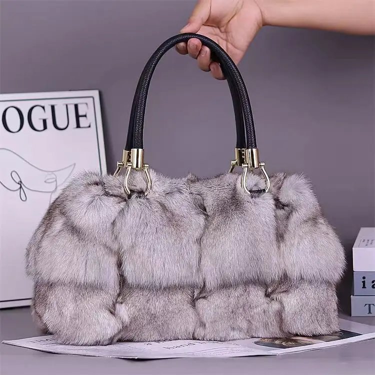 Women elegant fur tote bags new arrival real fox fur handbags luxury fur fashion lady bags with strap