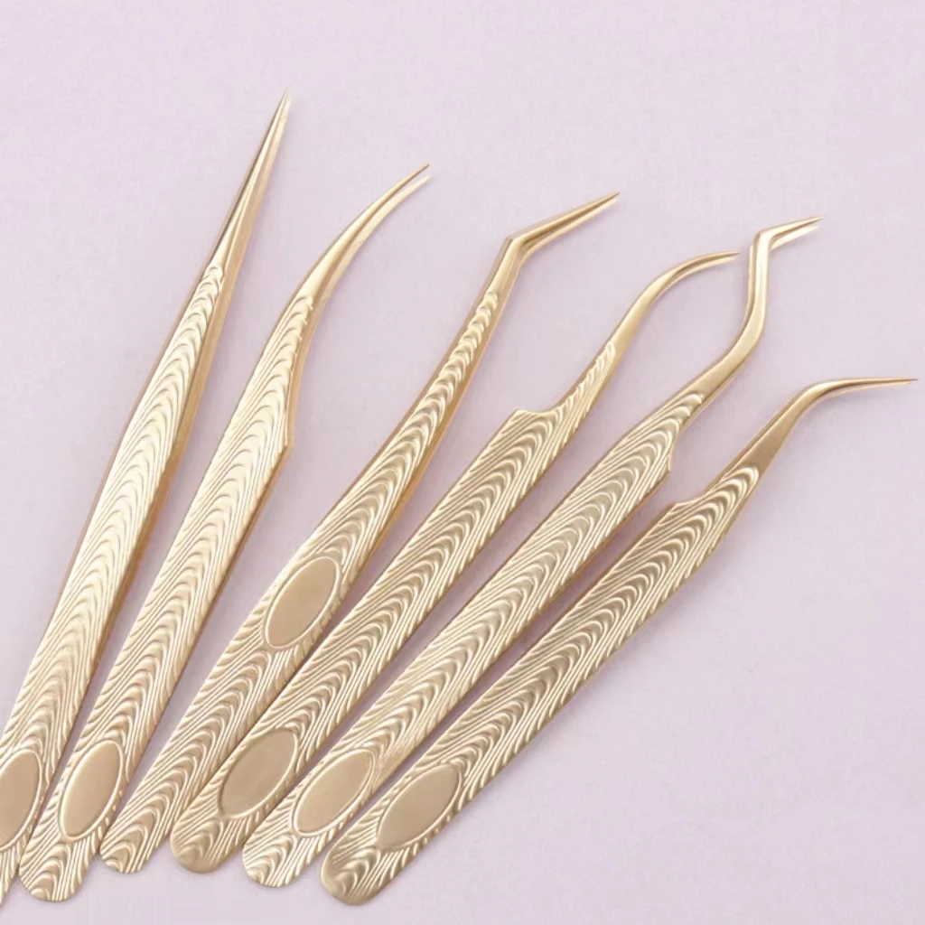 Wholesale Gold Fiber Tip volume Lashes Tweezers for False Eyelash Extension individual custom logo 90 degrees fiber grip tweeze