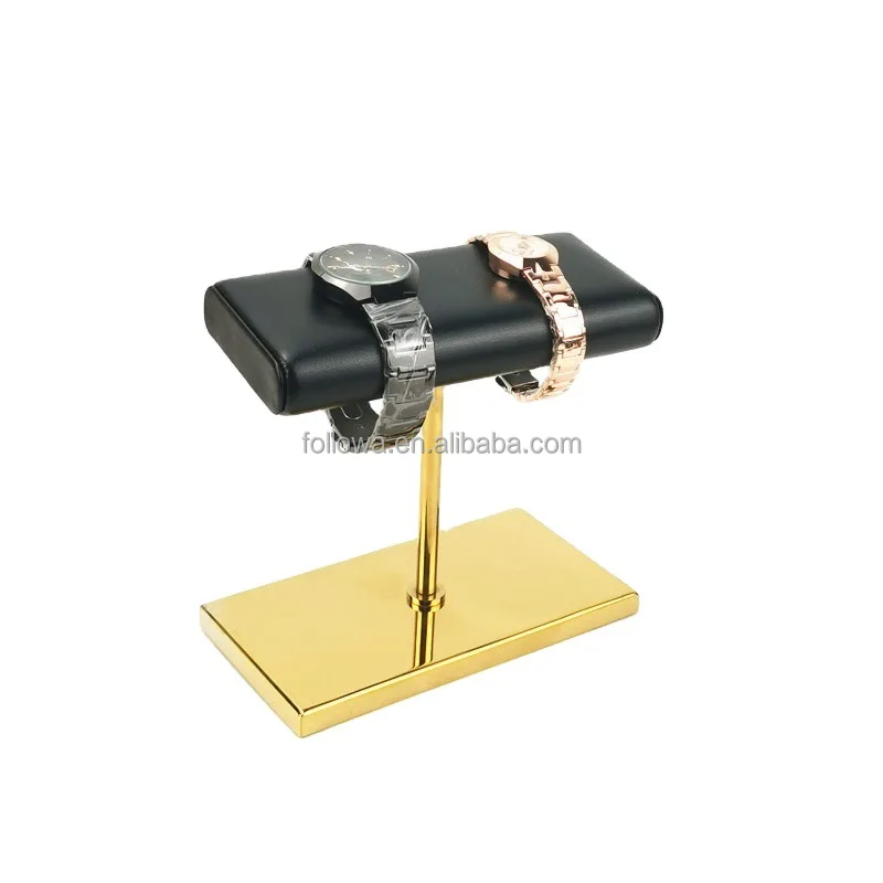 In stock wholesale Luxury watch display gold base rack leather pillow golden jewelry display stand