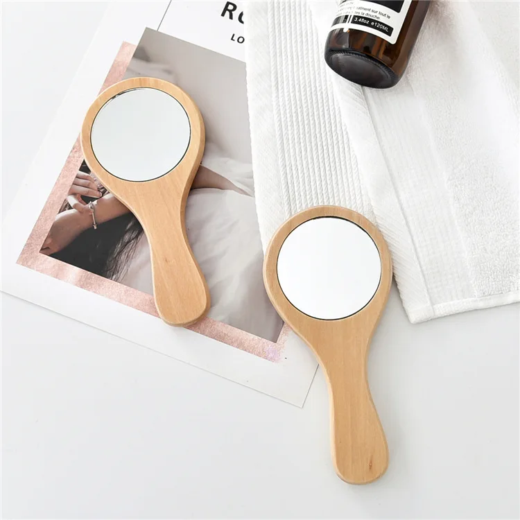 Amazon hot sale fashion one side round pocket mirror wooden bamboo mini portable pocket small handheld lash makeup mirror