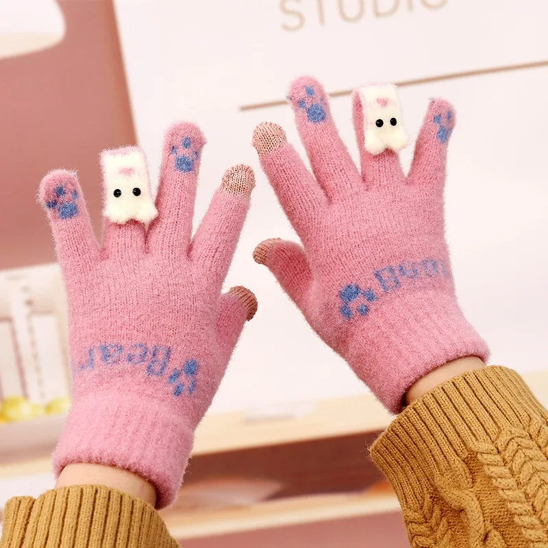 New Winter Warm Knit Gloves for Women Cute Bear Five Fingers Touch Screen Gloves Female Made of Soft Cashmere Wool