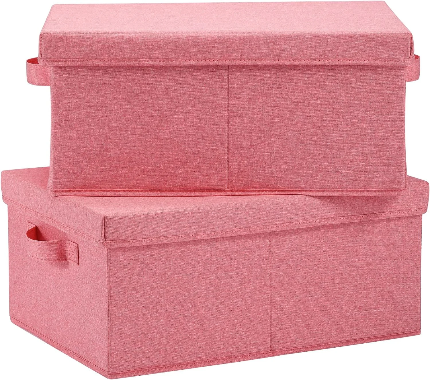 Pink Linen Fabric Foldable Storage Box With Lid Two Handles Sturdy Clothes Organizer for Wardrobe Bedroom Room Toy