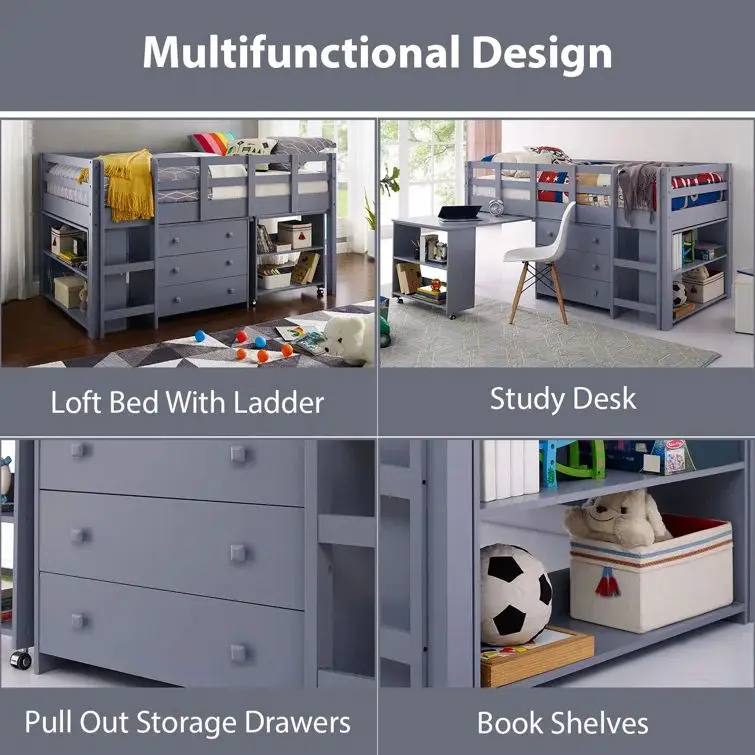 Children Furniture Wooden Kids Bunk Bed Twin Bed For Kids with Drawers and Stairs