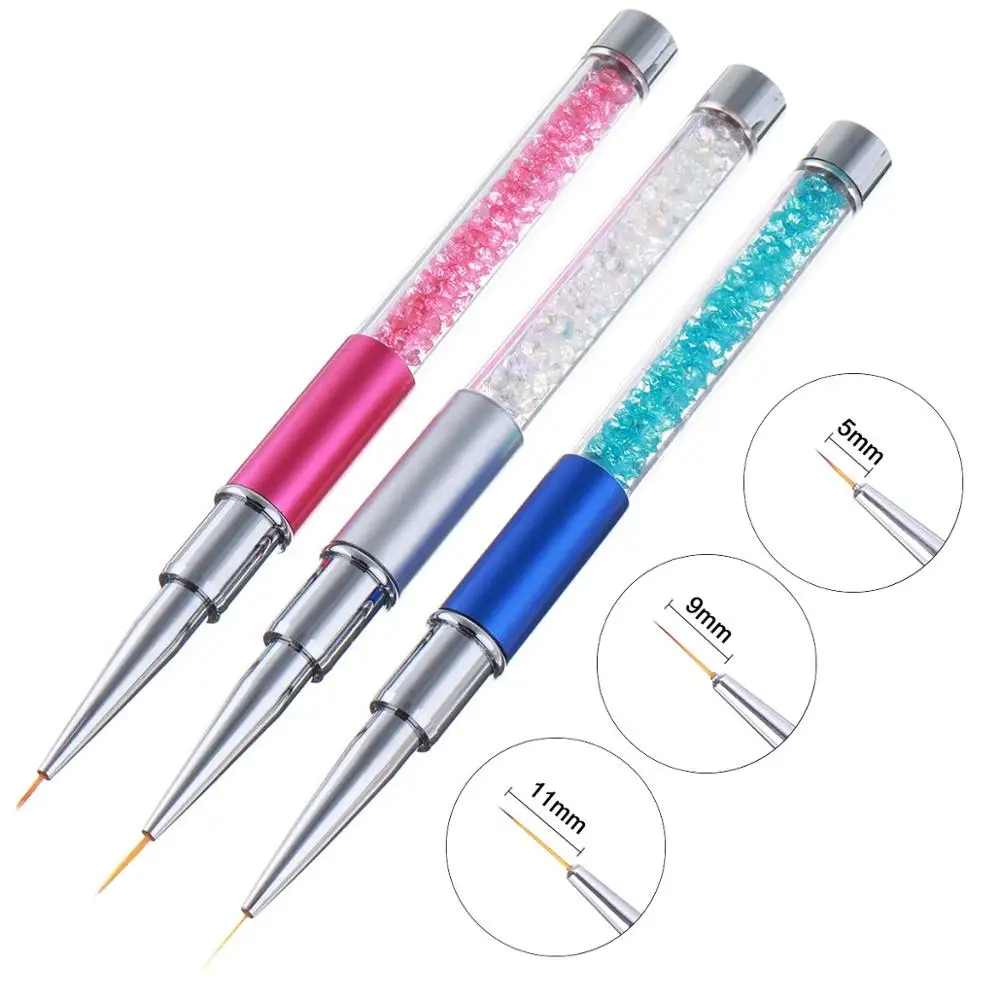 
3Pcs/set Nail Art Acrylic UV Gel Extension Builder Rhinestone Painting Brush Lines Liner Pattern Drawing Pen 