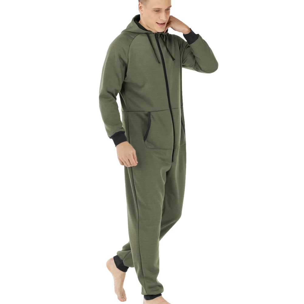custom  winter thick fleece jumpsuit pajamas mens one piece homewear long sleeve hooded sleepwear