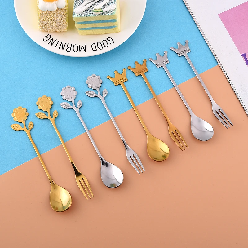 new Wholesale Creative dessert Spoon Stainless Steel flatware Sugar Tea Set Stirring 304 crown coffee spoon sun flower spoon