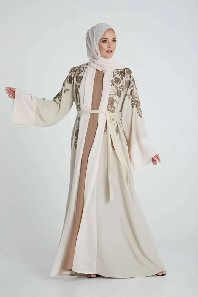 Latest Design Dubai Kaftans Islamic Front Open Floral Embroidery Muslim Women Abaya