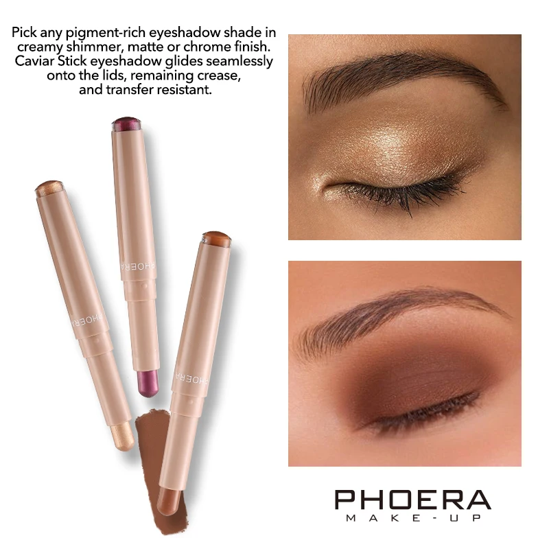 PHOERA Shimmer Glitter Cream Eyeshadow Crayon Matte Eyeshadow Stick Long Lasting Highlighter Stick Makeup
