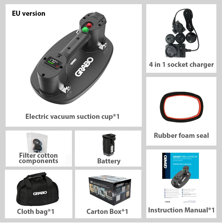 Grabo Pro Electric Vacuum Suction Cup Lifter with Electronic Display Battery Powered Wood Granite Glass Tiles Carry Lifter