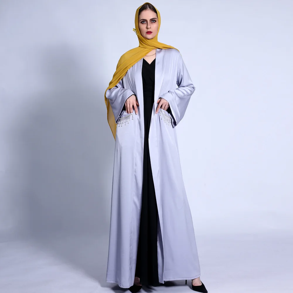 
Ramadan Plain Wide Cuffs Satin Abaya Tassel Diamond Pockets Dubai Middle East Robe Abayas from Dubai Women 2021 