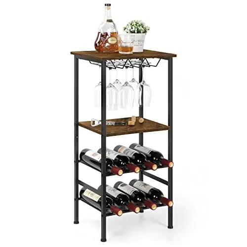 Brown Cellar Rustic Freestanding Floor Metal Wood Table Top Wine Rack for Home Kitchen Dining Room